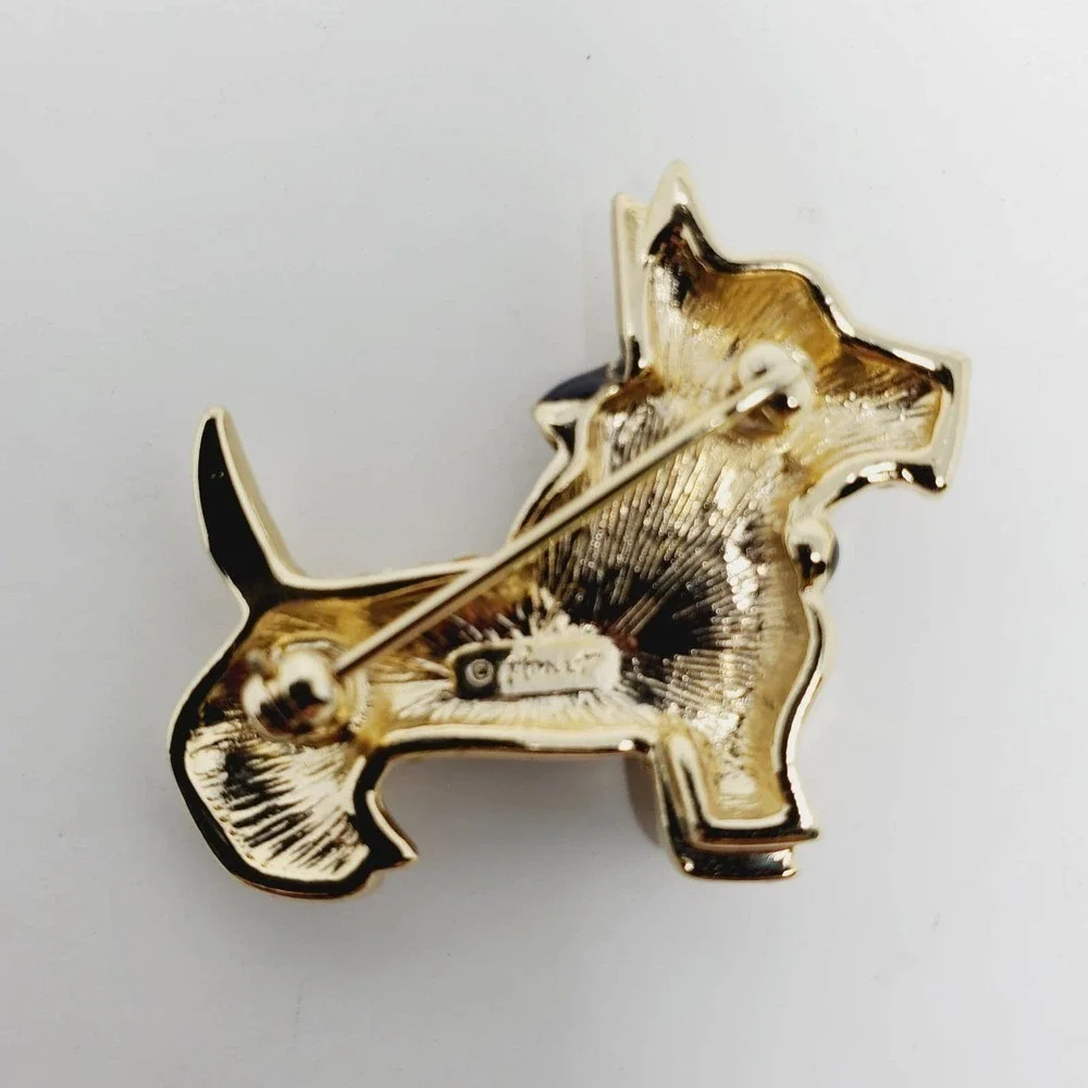 Monet Black Enamel Rhinestone Scottie Dog Terrier Figural Gold Tone Pin Brooch - Picture 3 of 7